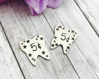 Tooth fairy coins - (one) - surprise a child with these hand stamped tooth coins - teeth - tooth fairy gift - loose tooth gift - fairy co
