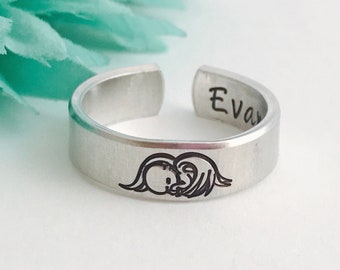 Angel baby ring with name inside edge - memorial - infant loss - child loss - angel baby - mother ring - memorial ring - angel wings
