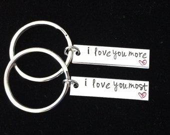 I love you more, I love you most couples hand stamped matching key chains- couple set - anniversay wedding