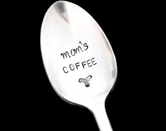 Mom's Coffee  -  hand stamped silverware vintage spoon message - reused - up cycled