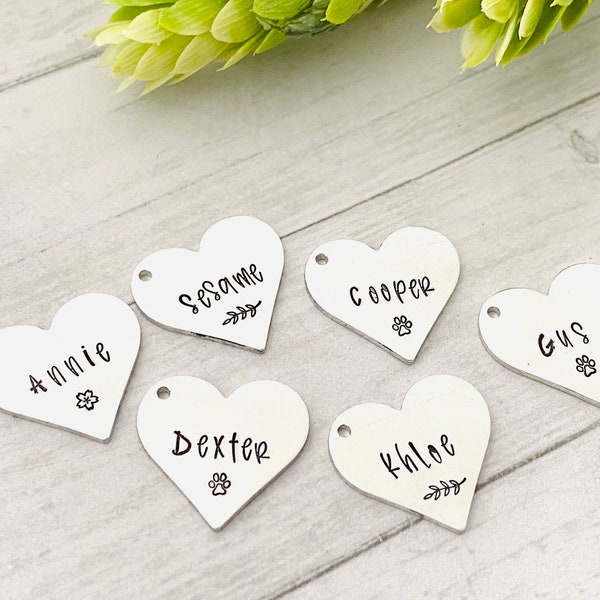 Single heart charm  with name and one design, hand stamped heart. Pet tag, name tag, pet remembrance.