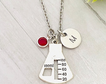 Science beaker necklace,  lab worker, science lab necklace  with birthstone and letter charm, initial charm, graduation gift, friend gift,