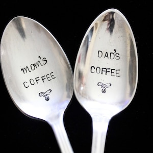 Mom&#39;s and Dad&#39;s  Coffee Set  -  hand stamped silverware  vintage spoon message - reused - up cycled