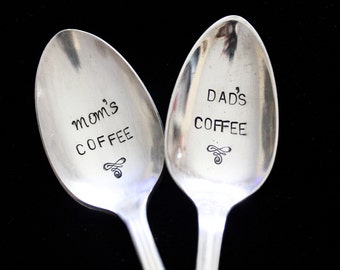 Mom's and Dad's  Coffee Set  -  hand stamped silverware  vintage spoon message - reused - up cycled