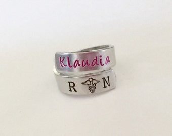 RN Ring RN / Nurses / Nursing Student / Nurse gift  - hand stamped ring - very sturdy ring - great gift - fun piece of jewelry- ekg symbol