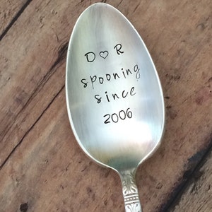 Spooning since  -  hand stamped  silverware vintage spoon message - reused - up cycled wedding gift or anniversary gift