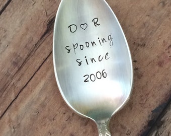 Spooning since  -  hand stamped  silverware vintage spoon message - reused - up cycled wedding gift or anniversary gift