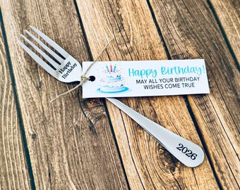 Happy birthday gift, birthday fun 2026. Stainless steel engraved fork, birthday present, with tag, gift fork for dessert