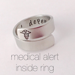 MEDICAL ALERT  ring - Hand stamped- condition  or Allergy  - Custom made to your medical alert - medical conditions inside -