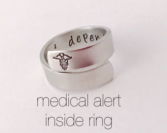 Medical alert ring SHIPPED FAST - Hand stamped- Allergy  - Custom made to your medical alert - medical conditions inside