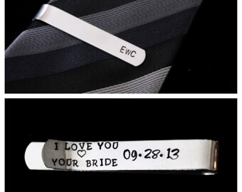 Personalized Tie Clip SPECIAL mesage on back  choose your own wording-  Hand stamped -  great for a gift - weddings - gifts