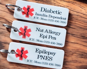 MEDICAL ALERT  backpack tag, lunch tag, purse tag, keychain, medical alert tags, put your info/ alert on it., in case of emergency, medic