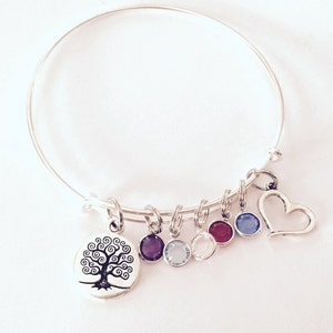 Mother&#39;s bangle  birthstone bracelet  bangle - family tree choose Your Own Swarovski crystal - Silver Bracelets