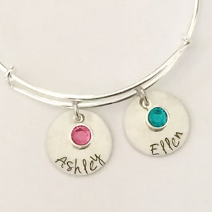 Mothers jewelry - personalized name bangle with Birthstone crystal on a Silver adjustable Bangle - name bangle - child