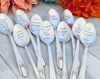 CUSTOM STAMPING -  hand stamped  silverware vintage spoon message - reused - up cycled - stamped with your wording or name