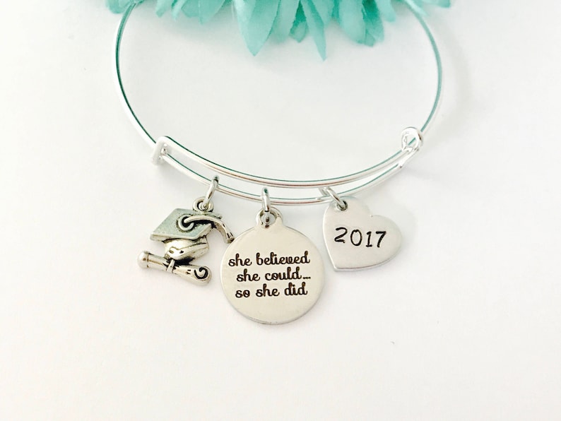 Graduation bangle on a Silver adjustable Bangle she believed she could Collectable Sturdy great gift stackable 2017 2018