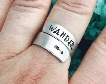 Wander ring with arrow   - hand stamped ring - very sturdy ring - great gift - fun piece of jewelry - inspiration - travel wander adventure