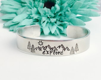 Mountain with trees scene and explore Hand Stamped Bracelet  - journey , adventure, lost wander , adventure gift, outdoors nature hiker