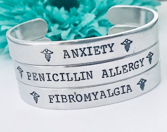 MEDICAL ALERT  bracelet - Hand stamped- Allergy Bracelet - Custom made to your medical alert - medical conditions -