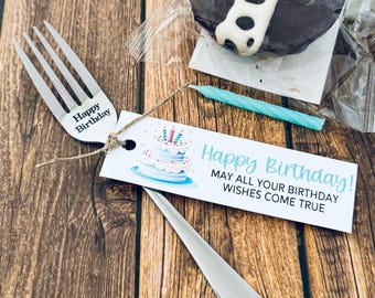 Happy birthday gift fork cupcake and candle, birthday fun 2026. Stainless steel engraved fork, birthday present, gift fork for dessert
