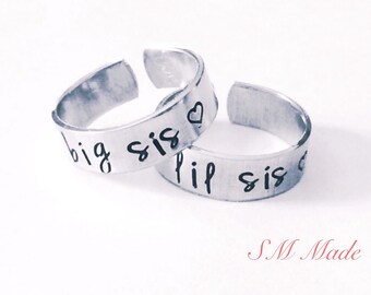 Big sis,  lil sis   - hand stamped ring - very sturdy ring - great gift - fun piece of jewelry