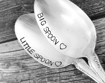 CUSTOM STAMPING - big spoon/ little spoon stamped  silverware vintage spoon message - reused - up cycled -