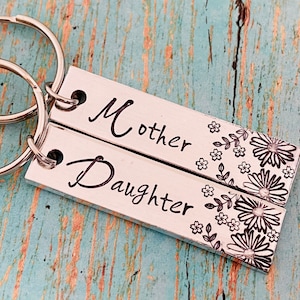 Mother daughter key chain set, hand stamped matching key chains-  set - mom, daughter, heart set, matching key chains mother gift