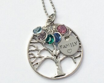 personalized name pendant tree necklace with Swarovski Birthstones and tree charm - Mothers necklace - family necklace