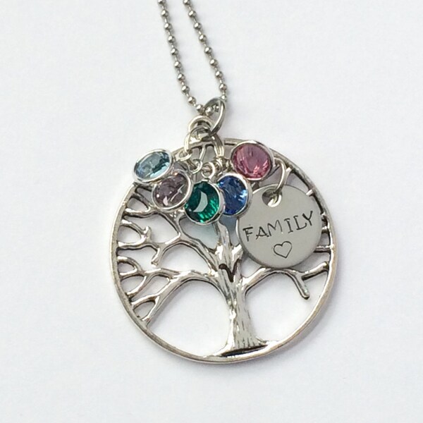 personalized name pendant tree necklace with Swarovski Birthstones and tree charm - Mothers necklace - family necklace