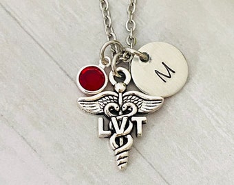 LVT necklace,  LICENSED VETERINARY tech   necklace  with birthstone and letter charm, initial charm, graduation gift,