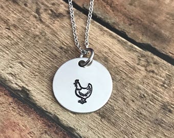Chicken stamped necklace, chicken lover, farm life, chicken lady , farmer , rooster , chicken ,chicken necklace chicken jewelry
