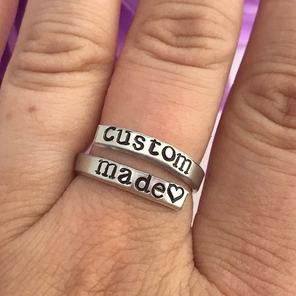 Custom Ring personalized  Custom - hand stamped ring - very sturdy ring - great gift - fun piece of jewelry - thin wrap ring - custom made