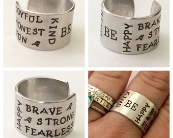 BE happy, brave strong kind inspirational ring cuff - hand stamped ring - very sturdy ring - great gift - fun piece of jewelry