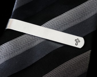 Cross tie clip -  Hand stamped -  great for a gift - god, religious, faith , sunday church