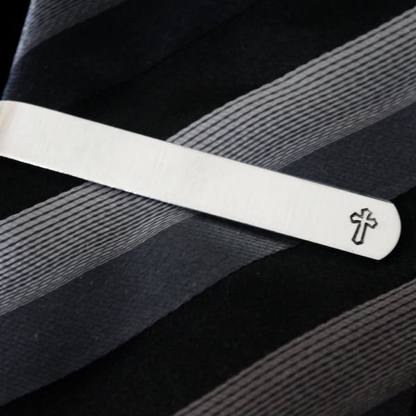 Cross tie clip -  Hand stamped -  great for a gift - god, religious, faith , sunday church