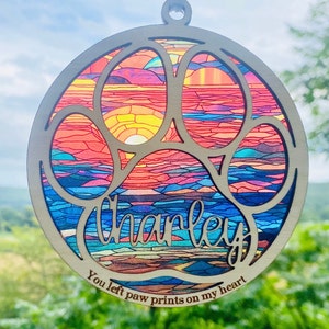 Rainbow bridge pet, sun catcher, suncatcher pet memorial, personalized name, dog / cat/  pet remembrance, paw with saying and name