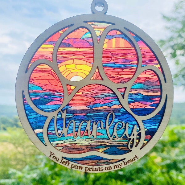 Rainbow bridge pet, sun catcher, suncatcher pet memorial, personalized name, dog / cat/  pet remembrance, paw with saying and name