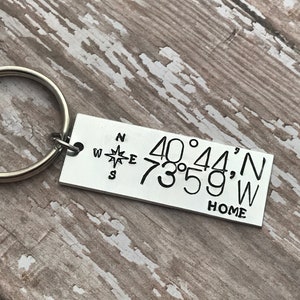 May include: Silver keychain with a compass and the coordinates 40°44'N 73°59'W, with the word "HOME" below.