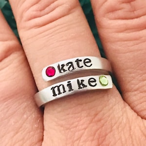 Custom Wrap ring  with names birthstones - personalized thin wrap ring  - mothers ring - hand stamped ring - very sturdy ring - great gift -