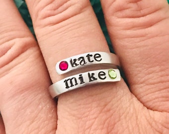 Custom Wrap ring  with names birthstones - personalized thin wrap ring  - mothers ring - hand stamped ring - very sturdy ring - great gift -