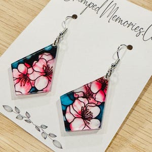 Cherry blossom  earrings ,pink dangle earrings,  gift, handmade earrings, laser cut earrings, diamond shape