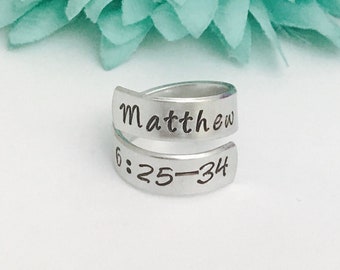 Bible verse wrap ring - add your verse Personalized ring  - hand stamped ring - very sturdy ring - great gift - fun piece of jewelry