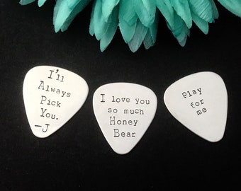 Custom guitar pick Message - Hand stamped Guitar pick - great for a gift - personalized with your wording - stainless steel - guitar gift