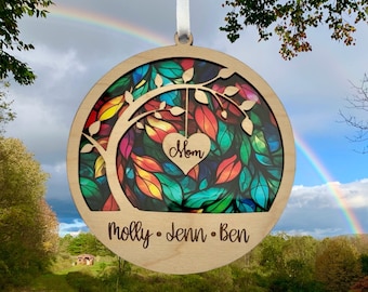 Mother’s Day family tree suncatcher, mother gift, mom flowers, suncatcher, choose your backer color, mother gift, kids name on bottom