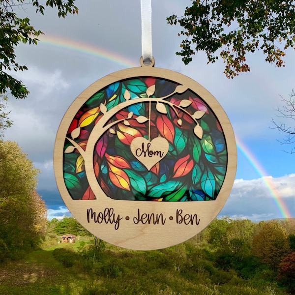 Mother’s Day family tree suncatcher, mother gift, mom flowers, suncatcher, choose your backer color, mother gift, kids name on bottom