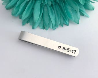 Date tie clip Wedding tie clips Personalized Tie Clip SPECIAL mesage on back  choose your own wording-  Hand stamped -  great for a gift