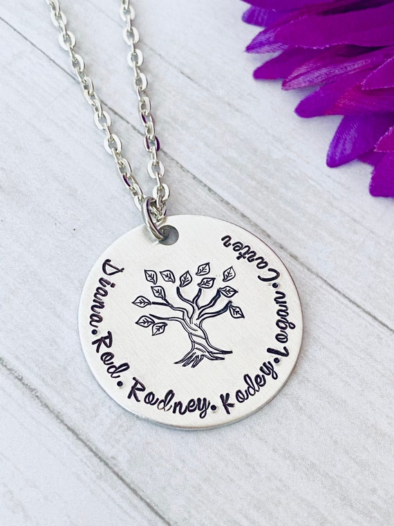 Mom Gift Hand Stamped Name Necklace With Tree in the Middle, Mom