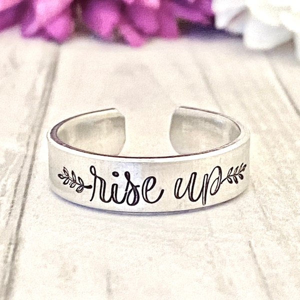 Rise up ring, inspirational , keep going , you got this, daily reminder hand stamped ring, aluminum ring, inspirational