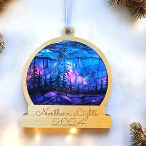 Northern lights 2024 Christmas  ornament,  Personalized , trees Auroras with stainedglass  that lets the lights shine through, snow globe