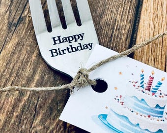 Happy birthday gift, birthday fun 2026. Stainless steel engraved fork, birthday present, with tag, gift fork for dessert